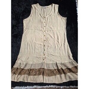 Raya Sun Swing Tank Dress L Beige Embroidery Lace Ruffles Lightweight Buttons
